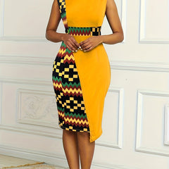 Splicing Bodycon Dress, Elegant Crew Neck Sleeveless Dress, Women's Clothing - Flexi Africa - Free Delivery Worldwide only at www.flexiafrica.com