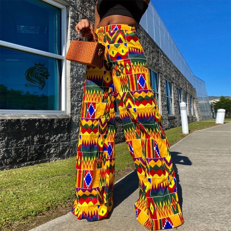 Spring Fall Holiday Boho Wide Leg Pants Elastic Waist Dashiki Print African Clothing Women Casual Long Trousers Flexi Africa