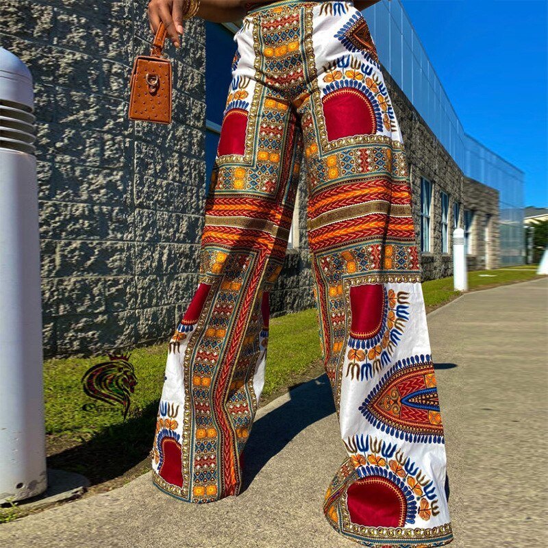 Spring Fall Holiday Boho Wide Leg Pants Elastic Waist Dashiki Print African Clothing Women Casual Long Trousers Flexi Africa