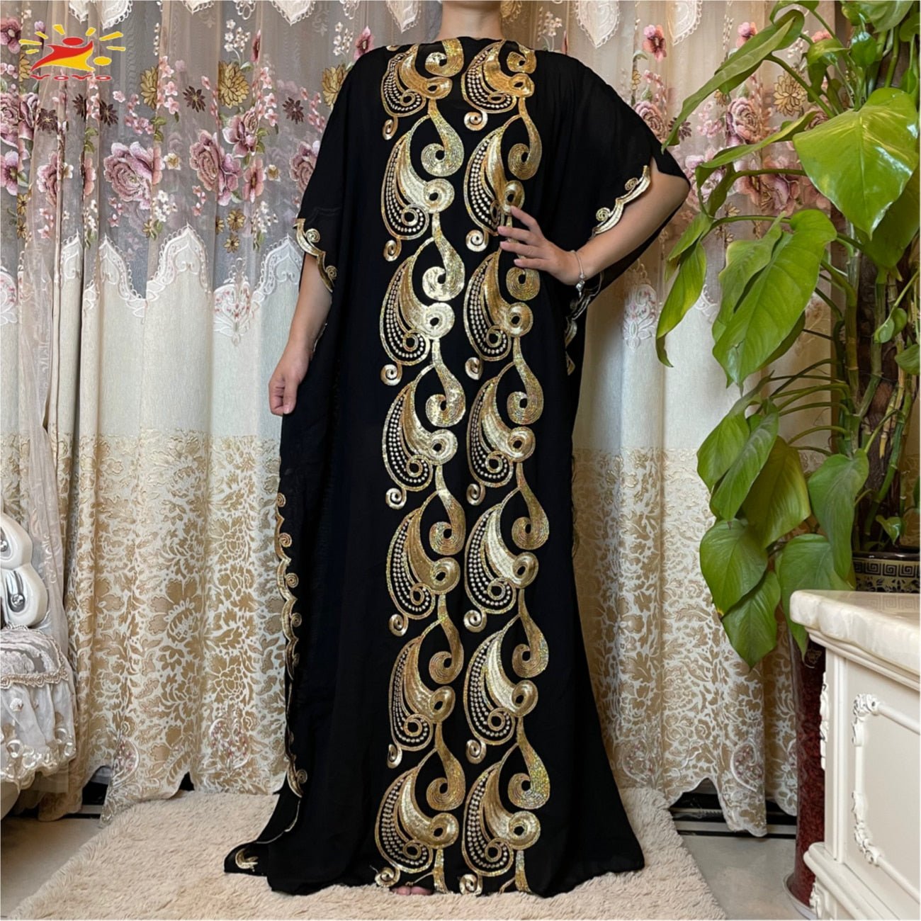Stunning African Embroidery Flower Dress for Women - Muslim Sequin Embroidery and Scarf Included - Flexi Africa FREE POST