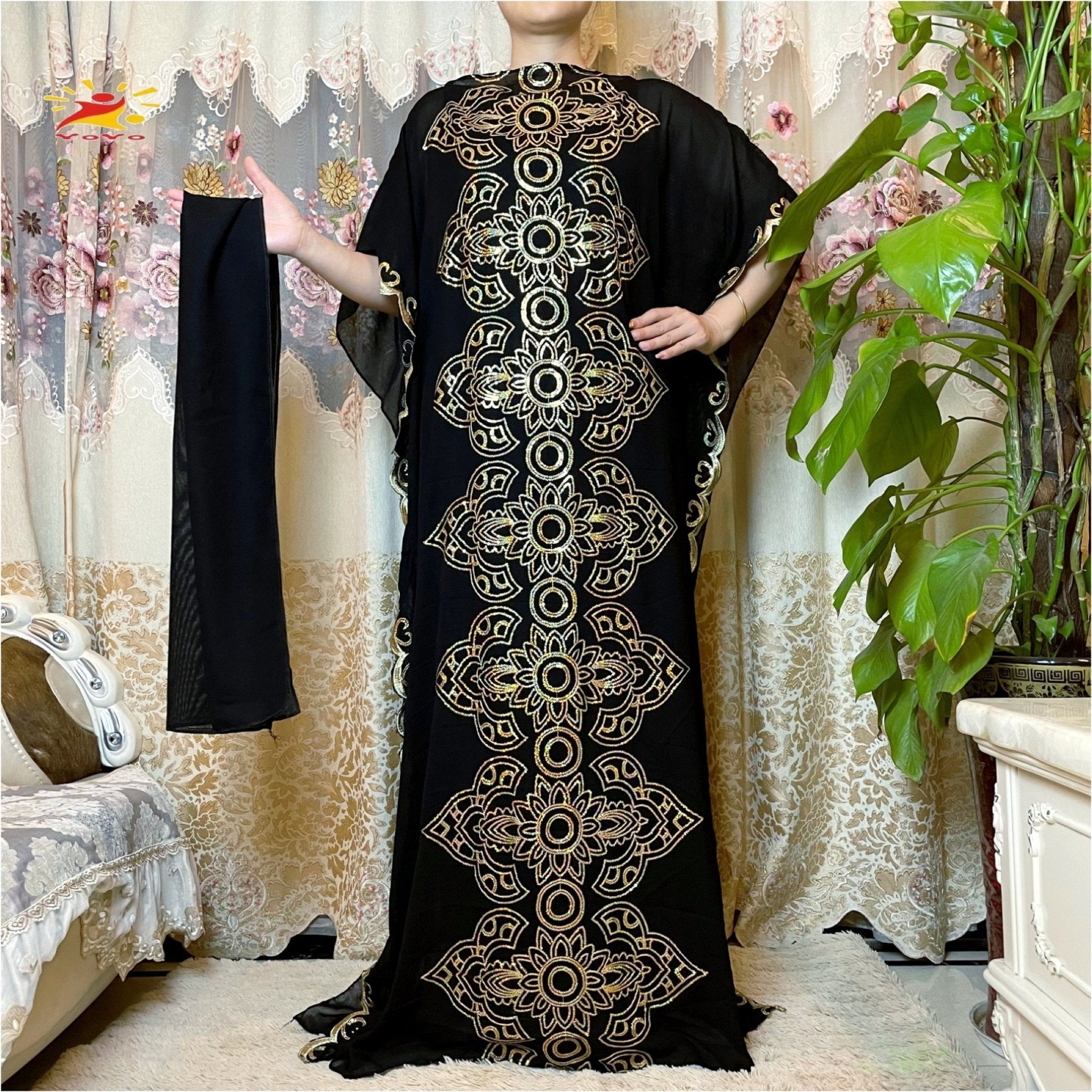 Stunning African Embroidery Flower Dress for Women - Muslim Sequin Embroidery and Scarf Included - Flexi Africa FREE POST