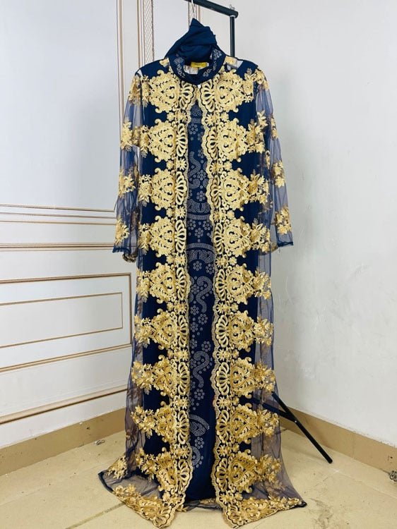 Stunning African Lace Embroidered Coat and Pressed Diamond Pattern Long Dress Set with Scarf - Flexi Africa - Free Delivery