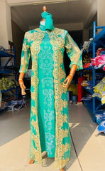 Stunning African Lace Embroidered Coat and Pressed Diamond Pattern Long Dress Set with Scarf - Flexi Africa - Free Delivery