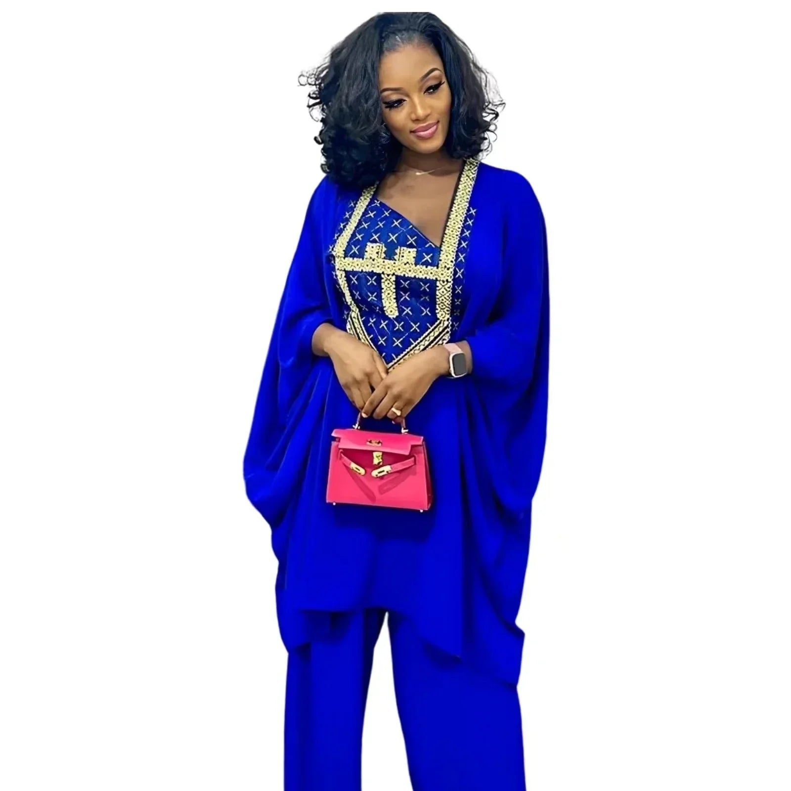 Stylish African Ensemble: Embroidered 3/4 Sleeve Top with Matching Pants for Women - Flexi Africa - Free Delivery Worldwide only at www.flexiafrica.com