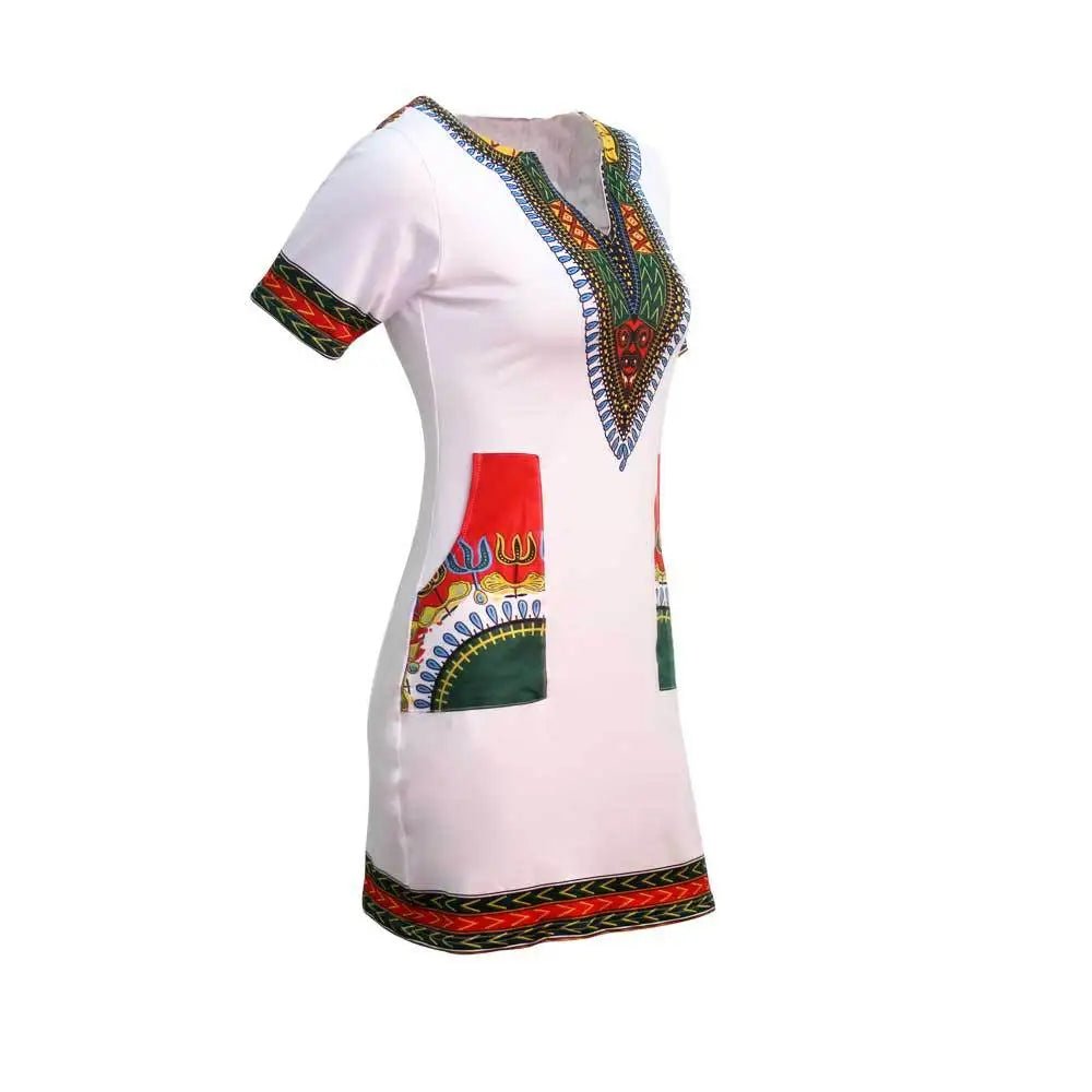 Stylish African - Inspired Knee - Length Dress – Short Sleeve V - Neck for Women - Free Delivery Worldwide only at Flexi Africa