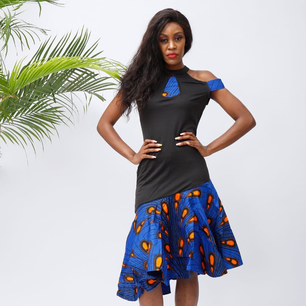 Stylish African Off-Shoulder Dress for Women: Sexy Summer Dress with Rich Bazin Ankara Print in Midi Length FREE POST