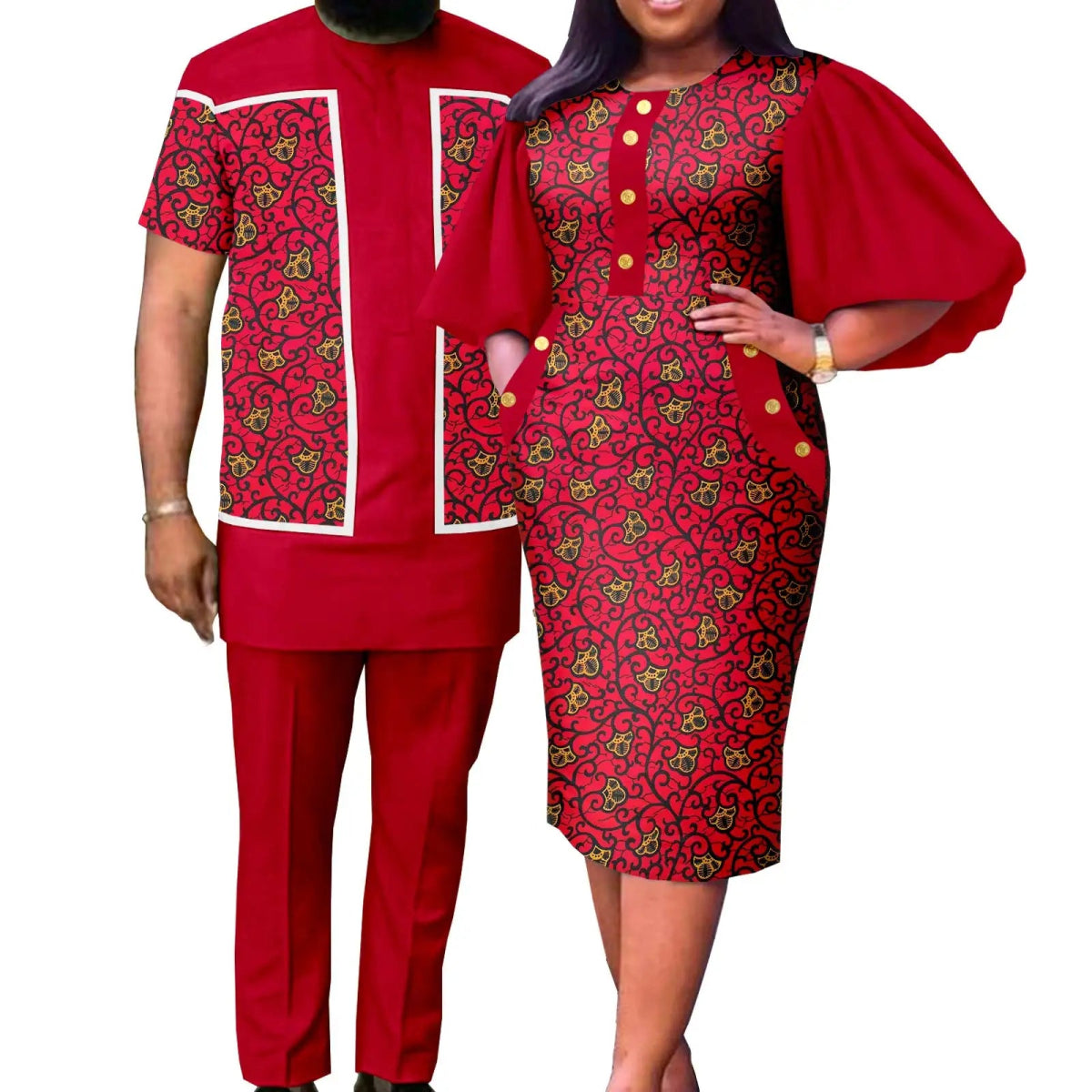 Summer African Couple Outfit – Puff Sleeve Dress for Women with Matching Men’s Bazin Riche Suit - Free Delivery Worldwide only at Flexi Africa