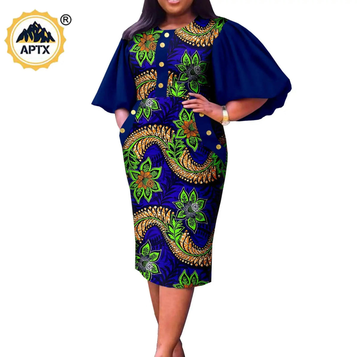 Summer African Couple Outfit – Puff Sleeve Dress for Women with Matching Men’s Bazin Riche Suit - Free Delivery Worldwide only at Flexi Africa