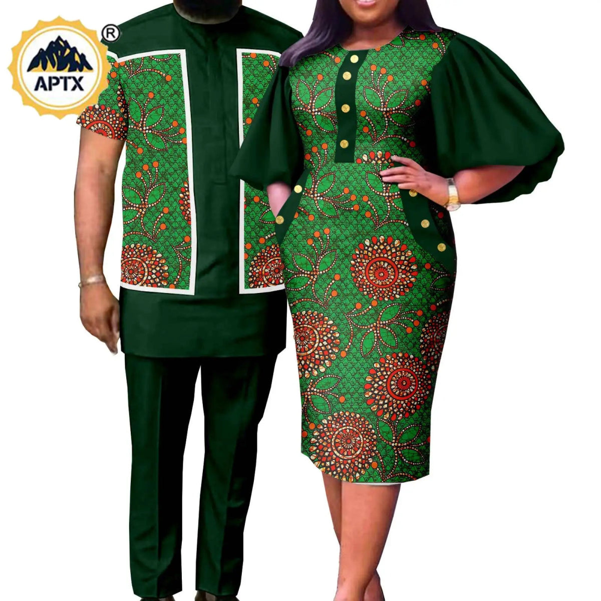Summer African Couple Outfit – Puff Sleeve Dress for Women with Matching Men’s Bazin Riche Suit - Free Delivery Worldwide only at Flexi Africa