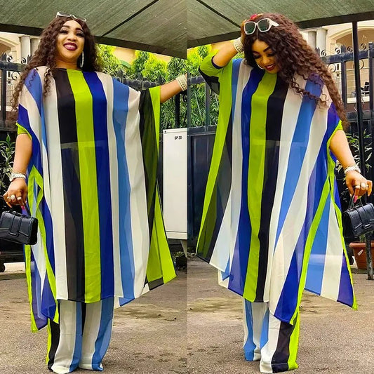 Summer Chic: African Chiffon 2PC Sets for Women – Dashiki Top and Pants Suit, Perfect for Parties and Street Casual Looks