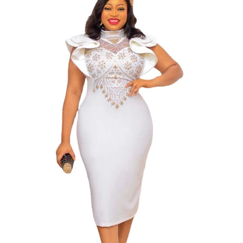 Summer Elegant African Women Sleeveless Polyester White Knee Length Dress African Dress - Flexi Africa - www.flexiafrica.com