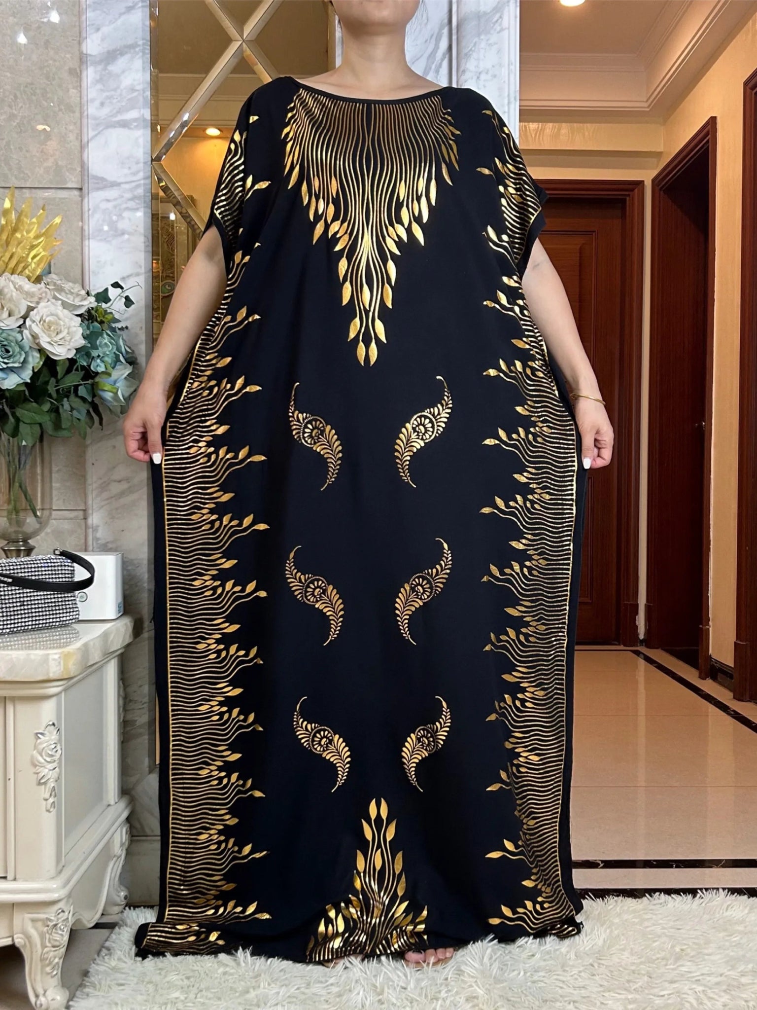Summer Maxi Dress: Cotton with Gold Stamping, Short Sleeves, and Matching Big Scarf - Flexi Africa - www.flexiafrica.com