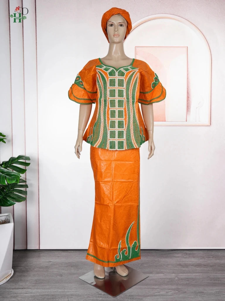 Traditional African Bazin Dress for Women – Embroidered Robe, Elegant Wedding & Party Attire - Free Delivery Worldwide only at Flexi Africa