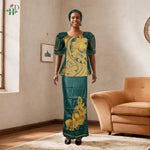 Traditional African Bazin Dress for Women – Embroidered Robe, Elegant Wedding & Party Attire - Free Delivery Worldwide only at Flexi Africa