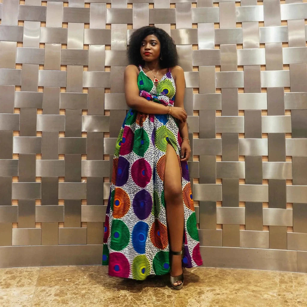 Traditional African Wax Print Dress for Women – Dashiki Halter Neck Maxi Dress - Free Delivery Worldwide only at Flexi Africa