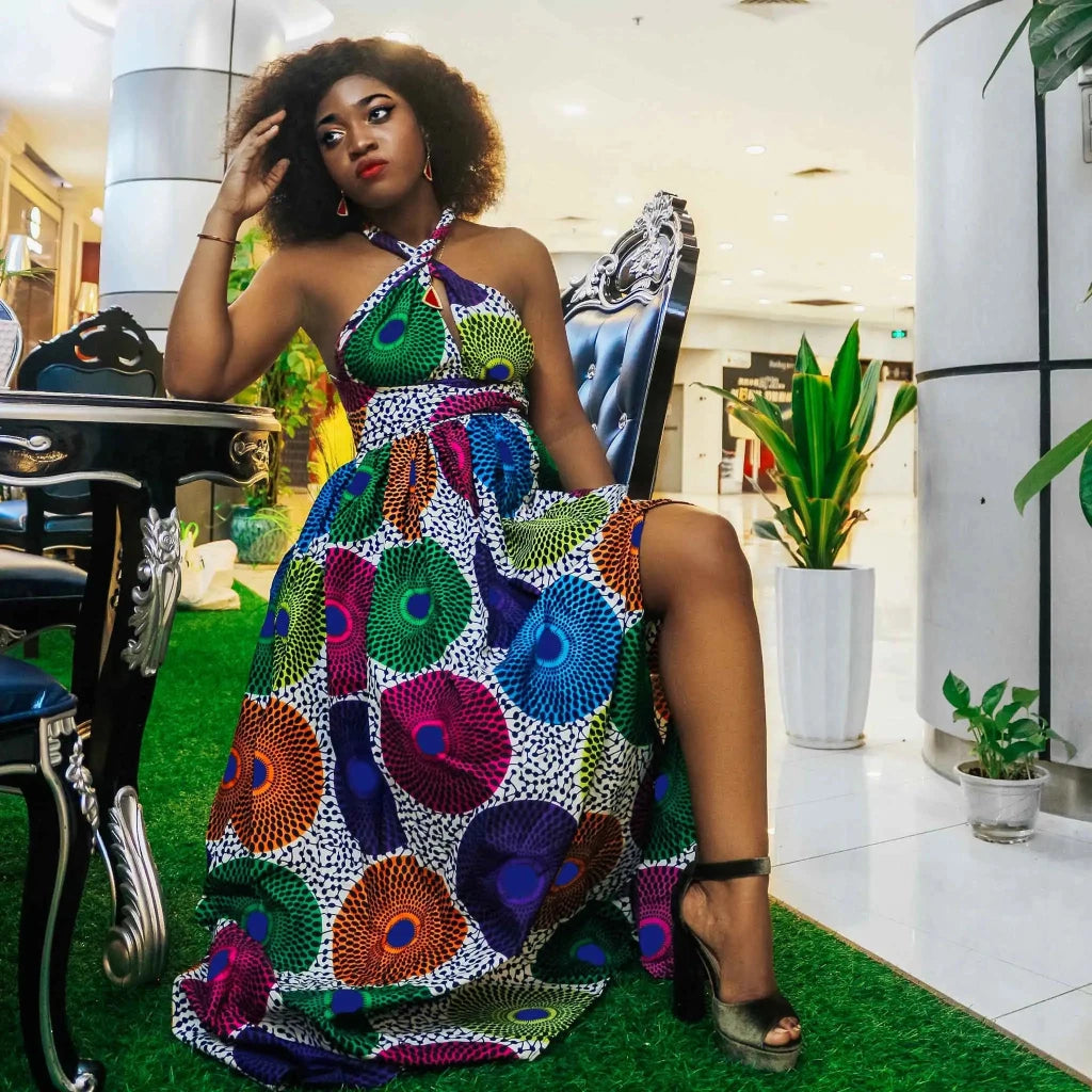 Traditional African Wax Print Dress for Women – Dashiki Halter Neck Maxi Dress - Free Delivery Worldwide only at Flexi Africa