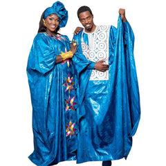 Traditional Bazin Embroidery African Dresses for Couples: Floor - Length Dress Ensemble with Matching Scarf - Flexi Africa - Free Delivery Worldwide only at www.flexiafrica.com