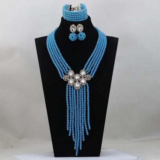 Trendy Blue Crystal Jewelry Set – Long Beaded Necklace for Women, African Bridal Wedding Jewelry - Free Delivery Worldwide only at Flexi Africa