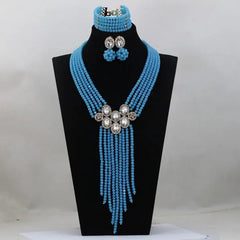 Trendy Blue Crystal Jewelry Set – Long Beaded Necklace for Women, African Bridal Wedding Jewelry - Free Delivery Worldwide only at Flexi Africa