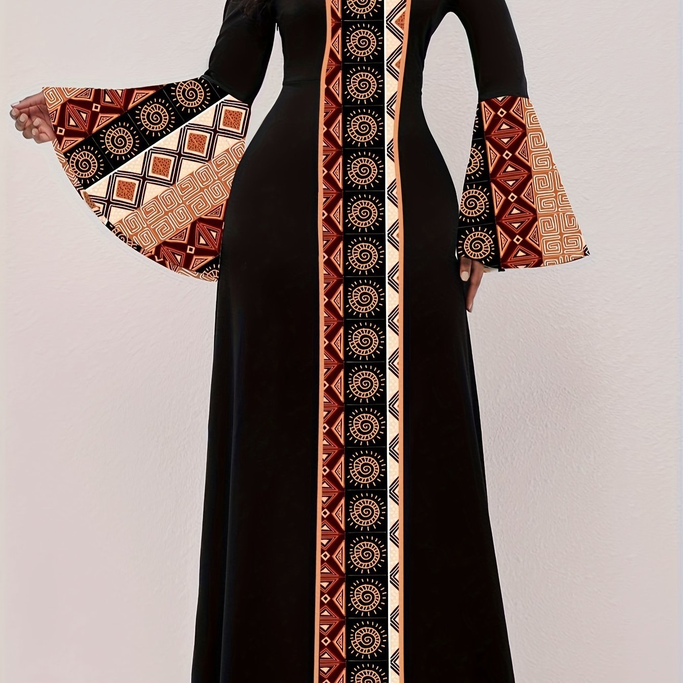 Tribal Print Patchwork Waist Maxi Dress, Elegant Flared Long Sleeve V - neck - Flexi Africa - Free Delivery Worldwide only at www.flexiafrica.com