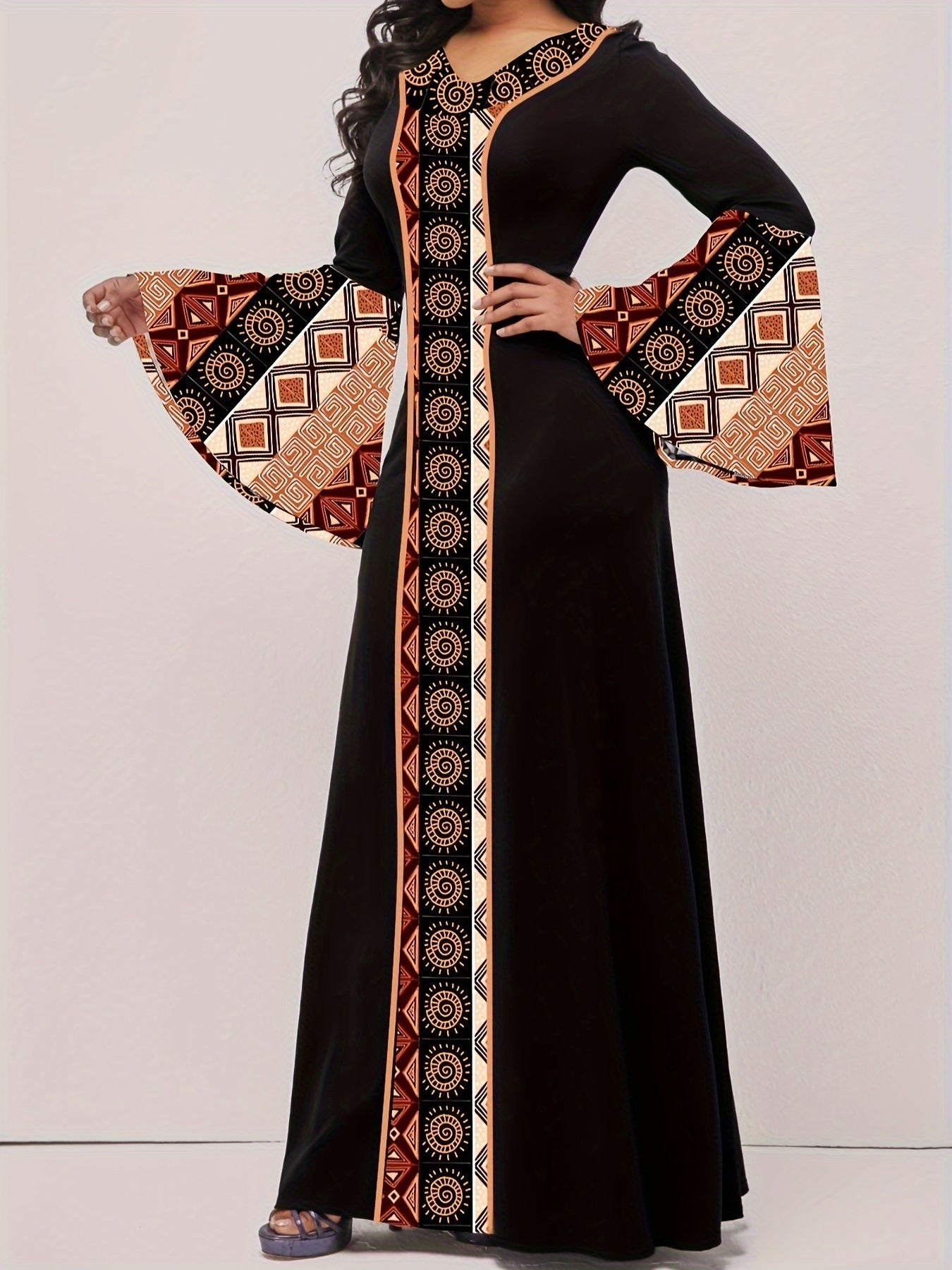 Tribal Print Patchwork Waist Maxi Dress, Elegant Flared Long Sleeve V - neck - Flexi Africa - Free Delivery Worldwide only at www.flexiafrica.com