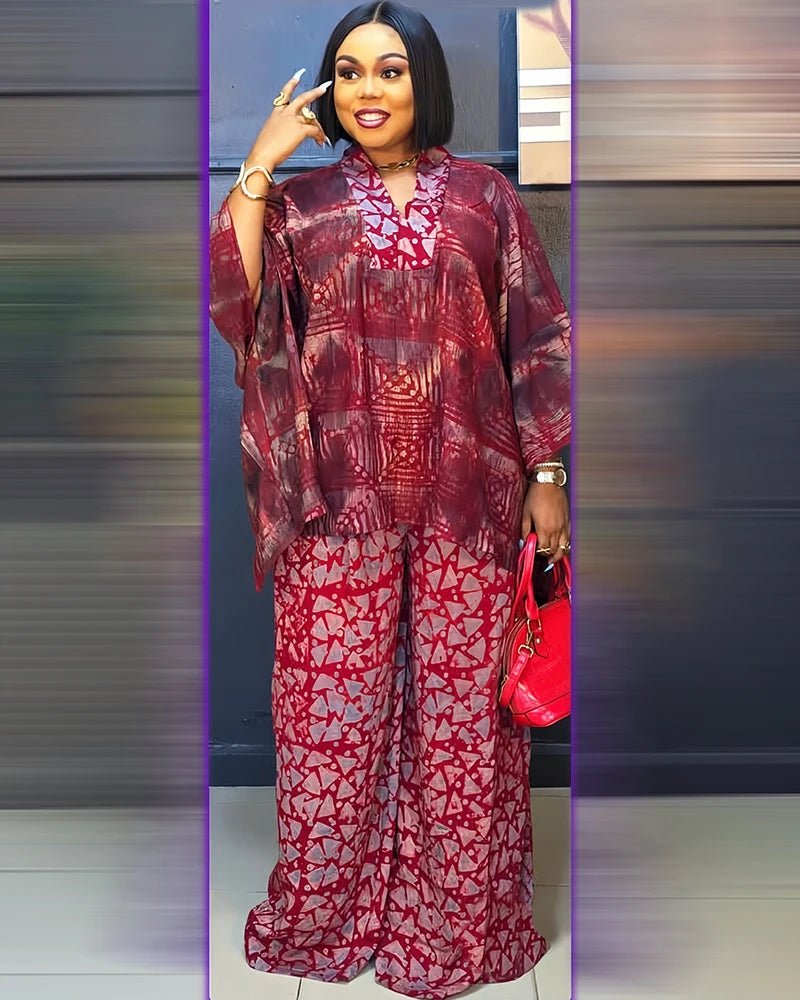 Two 2 Piece Set V - neck Clothes for Women African Print Dresses Vacation Outfits 2025 Tops Pant Sets Dashiki Ankara Turkey Dames - Free Delivery Worldwide only at Flexi Africa