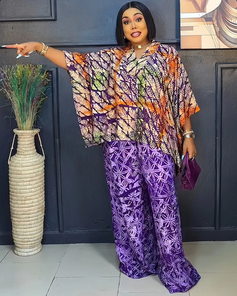 Two 2 Piece Set V - neck Clothes for Women African Print Dresses Vacation Outfits 2025 Tops Pant Sets Dashiki Ankara Turkey Dames - Free Delivery Worldwide only at Flexi Africa