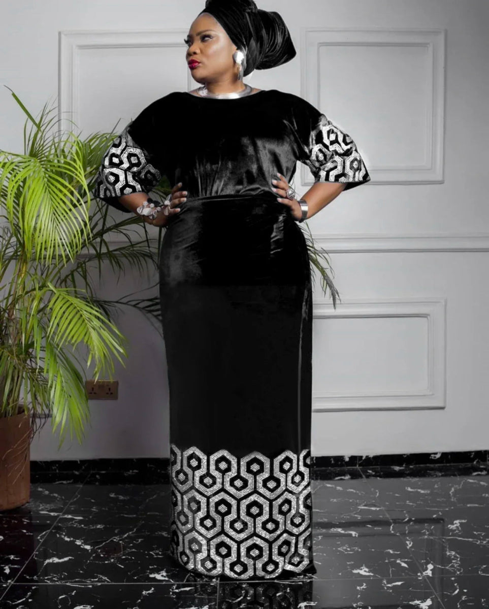 Velvet African Dress for Women – Elegant Long - Sleeve Traditional Attire - Free Delivery Worldwide only at Flexi Africa