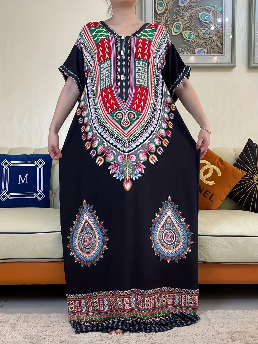 Vibrant Middle Eastern African Kaftan Dress - Colorful Rayon Tribal Long Gown with Short Sleeves, Loose Fit for All Seasons, Handwash/Dry Clean - Elegant Casual Wear - Free Delivery Worldwide only at Flexi Africa