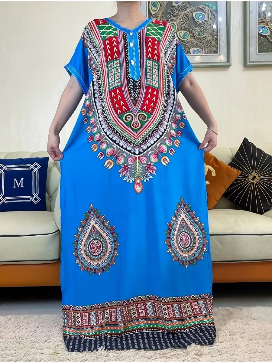 Vibrant Middle Eastern African Kaftan Dress - Colorful Rayon Tribal Long Gown with Short Sleeves, Loose Fit for All Seasons, Handwash/Dry Clean - Elegant Casual Wear - Free Delivery Worldwide only at Flexi Africa