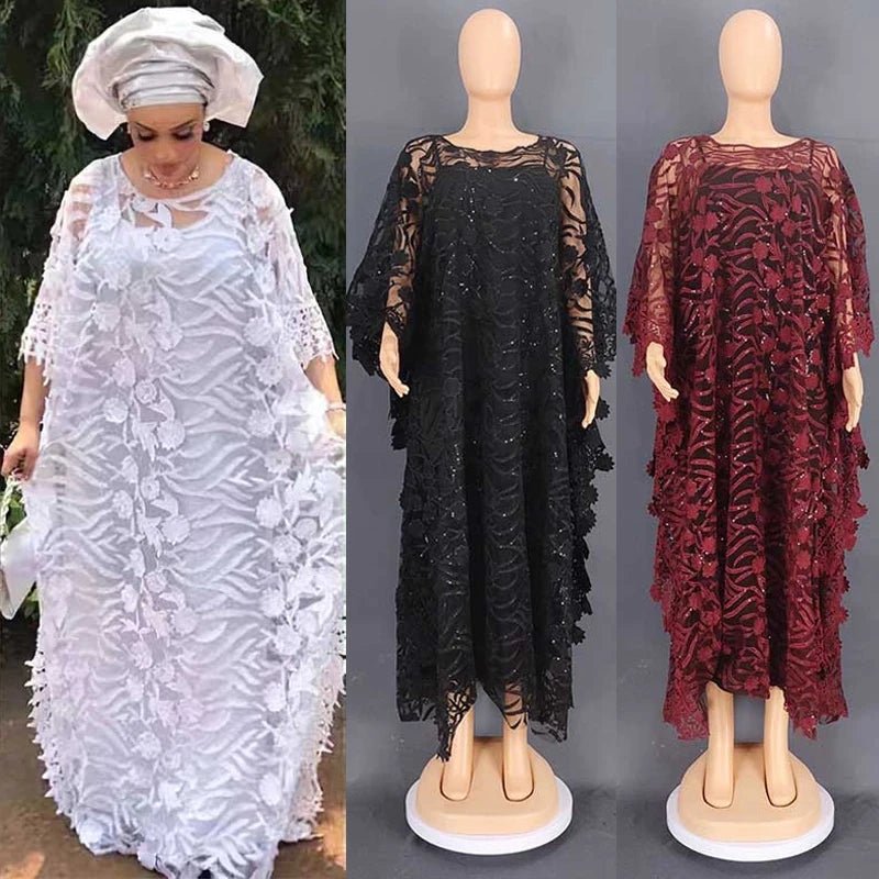 White Lace Hollow African Dresses: Elegant Traditional Attire for Muslim Women during Ramadan - Flexi Africa - Free Delivery Worldwide only at www.flexiafrica.com
