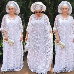 White Lace Hollow African Dresses: Elegant Traditional Attire for Muslim Women during Ramadan - Flexi Africa - Free Delivery Worldwide only at www.flexiafrica.com