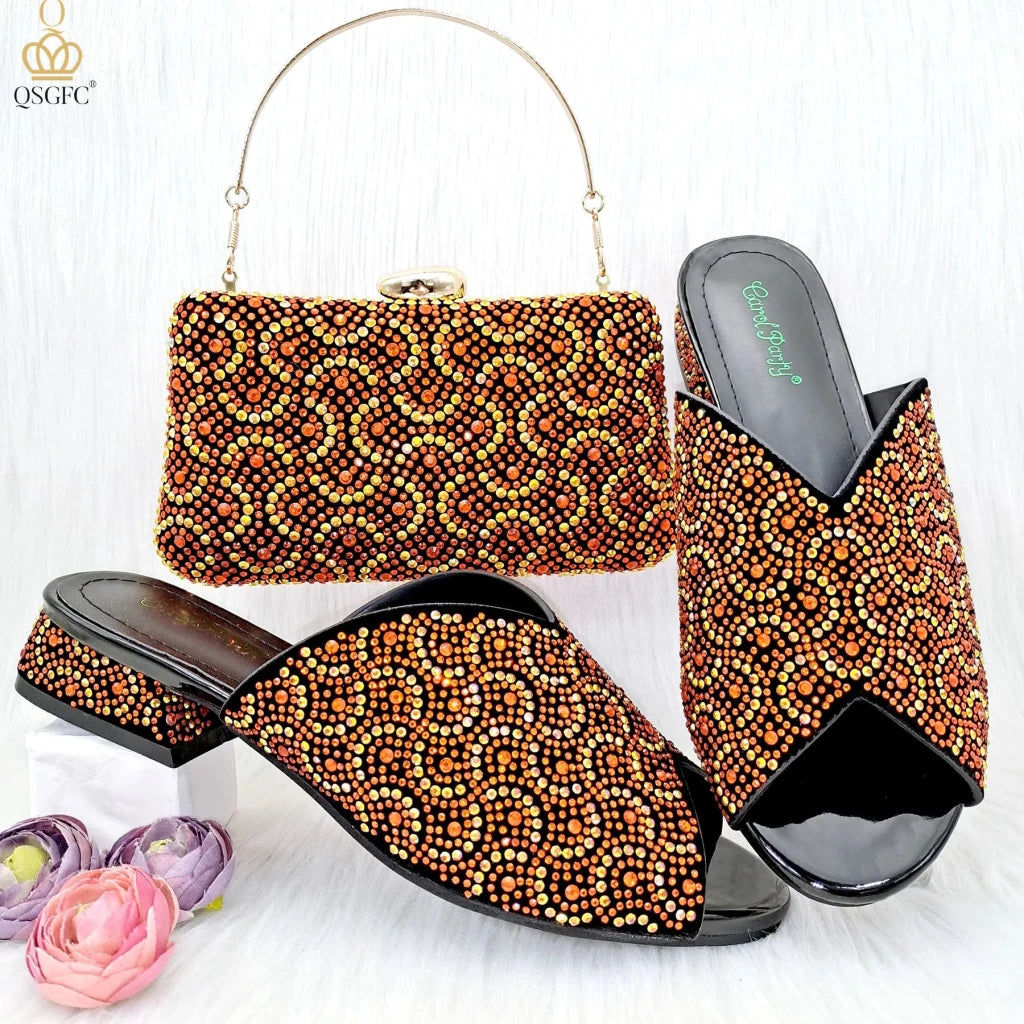 Wine Rhinestone Low-Heel African Mother Shoes and Matching Bag Set - Free Delivery Worldwide only at Flexi Africa