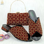 Wine Rhinestone Low-Heel African Mother Shoes and Matching Bag Set - Free Delivery Worldwide only at Flexi Africa