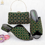 Wine Rhinestone Low-Heel African Mother Shoes and Matching Bag Set - Free Delivery Worldwide only at Flexi Africa