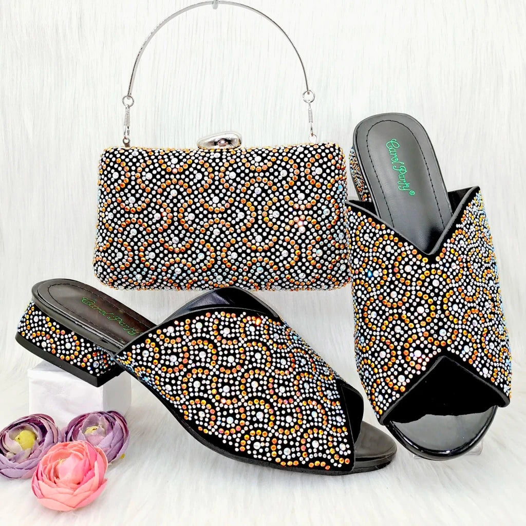 Wine Rhinestone Low-Heel African Mother Shoes and Matching Bag Set - Free Delivery Worldwide only at Flexi Africa
