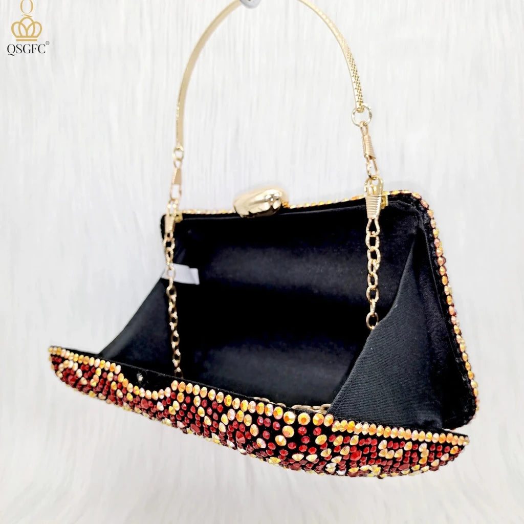 Wine Rhinestone Low-Heel African Mother Shoes and Matching Bag Set - Free Delivery Worldwide only at Flexi Africa