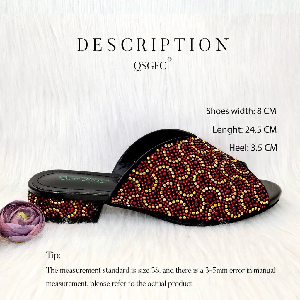 Wine Rhinestone Low-Heel African Mother Shoes and Matching Bag Set - Free Delivery Worldwide only at Flexi Africa
