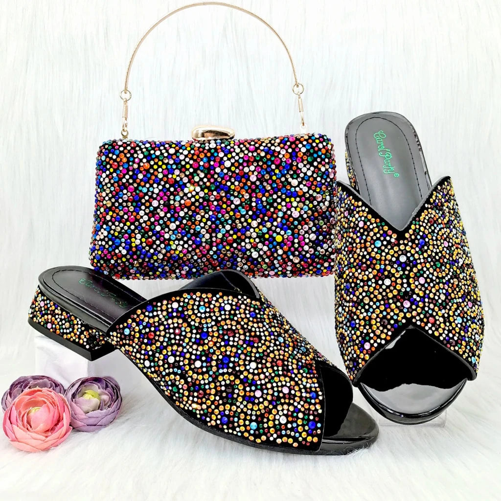 Wine Rhinestone Low-Heel African Mother Shoes and Matching Bag Set - Free Delivery Worldwide only at Flexi Africa