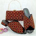 Wine Rhinestone Low-Heel African Mother Shoes and Matching Bag Set - Free Delivery Worldwide only at Flexi Africa