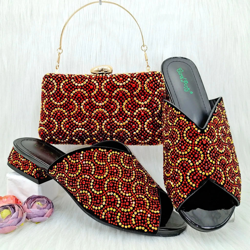 Wine Rhinestone Low-Heel African Mother Shoes and Matching Bag Set - Free Delivery Worldwide only at Flexi Africa