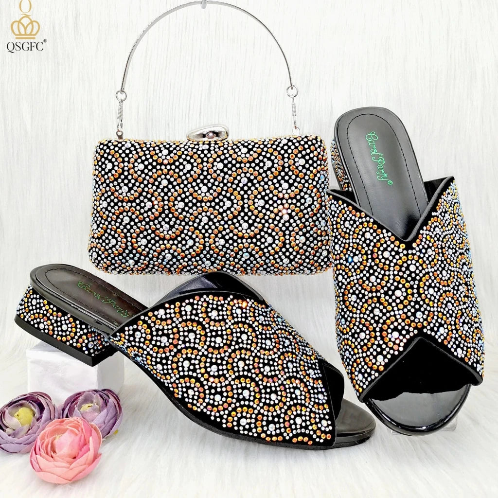 Wine Rhinestone Low-Heel African Mother Shoes and Matching Bag Set - Free Delivery Worldwide only at Flexi Africa