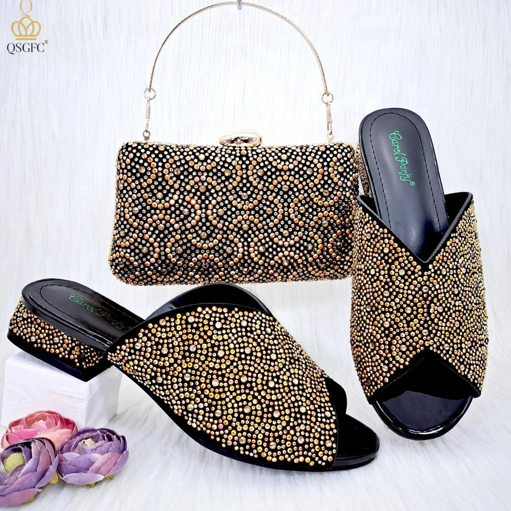 Wine Rhinestone Low-Heel African Mother Shoes and Matching Bag Set - Free Delivery Worldwide only at Flexi Africa