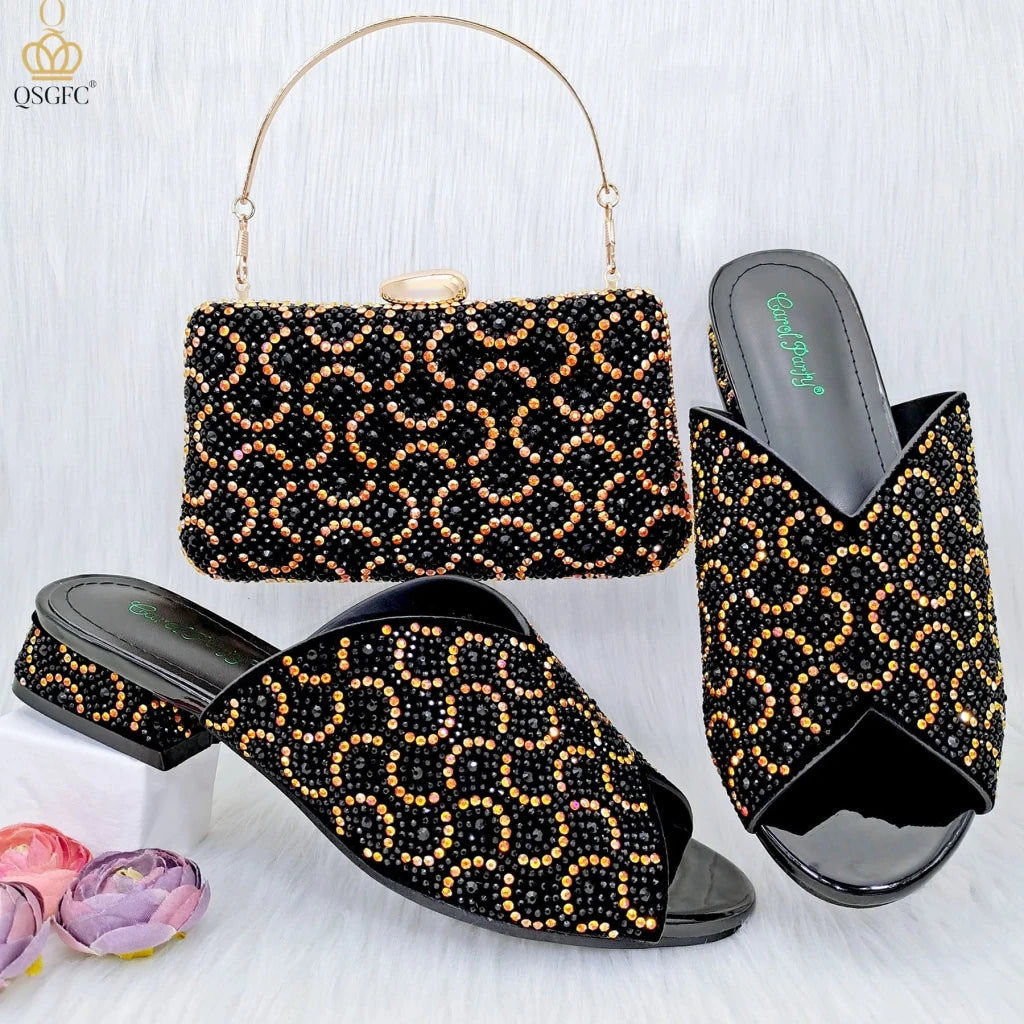 Wine Rhinestone Low-Heel African Mother Shoes and Matching Bag Set - Free Delivery Worldwide only at Flexi Africa
