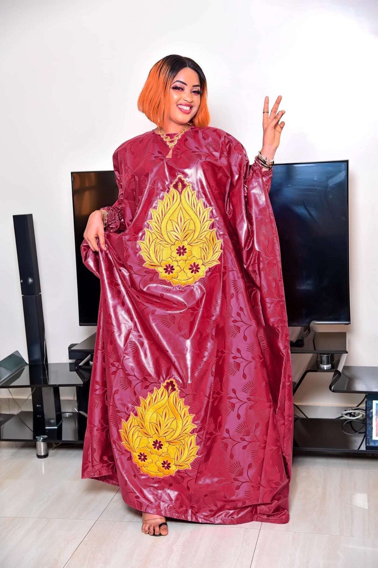 Woman Plus Size Dress Embroidery With Floor Long Dress With Scarf - Flexi Africa Free Delivery Worldwide www.flexiafrica.com