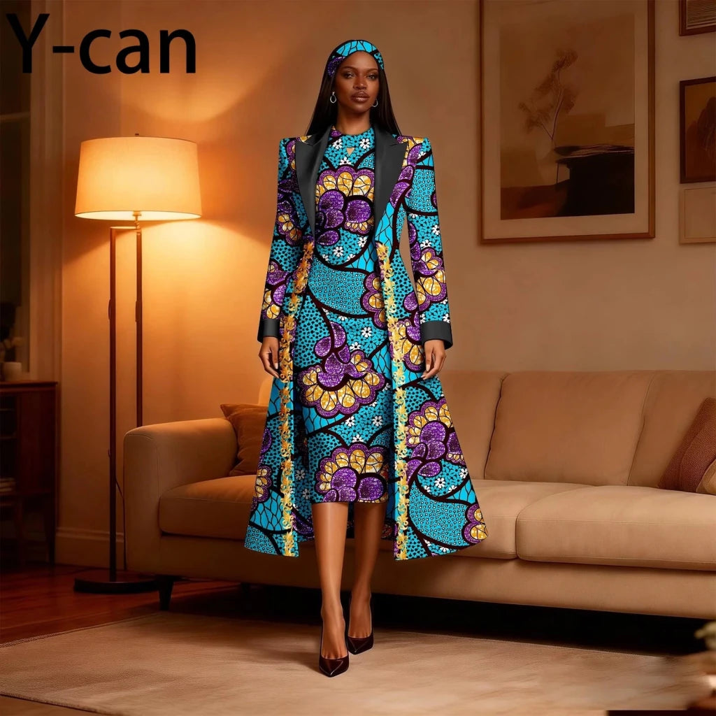 Women 3PCS African Ankara Print Outfit Long Blazer Sleeveless Midi Dress Matching Headwrap Dashiki Formal Party Suit 2626034 - Free Delivery Worldwide only at Flexi Africa