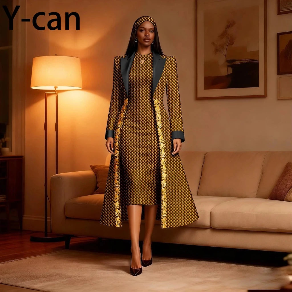 Women 3PCS African Ankara Print Outfit Long Blazer Sleeveless Midi Dress Matching Headwrap Dashiki Formal Party Suit 2626034 - Free Delivery Worldwide only at Flexi Africa