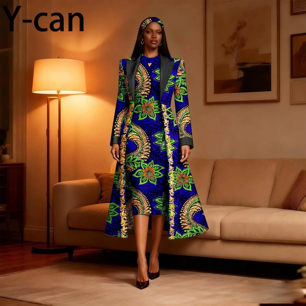 Women 3PCS African Ankara Print Outfit Long Blazer Sleeveless Midi Dress Matching Headwrap Dashiki Formal Party Suit 2626034 - Free Delivery Worldwide only at Flexi Africa