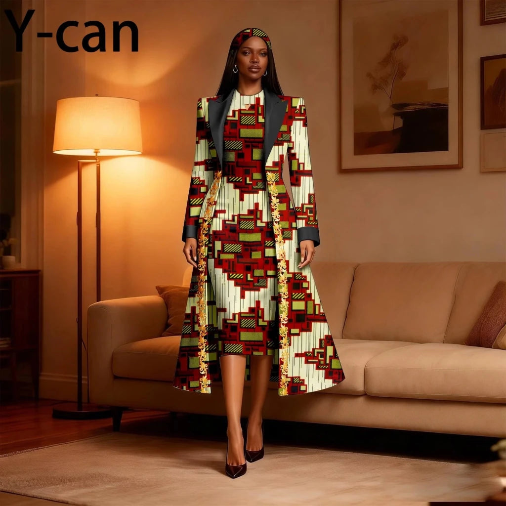 Women 3PCS African Ankara Print Outfit Long Blazer Sleeveless Midi Dress Matching Headwrap Dashiki Formal Party Suit 2626034 - Free Delivery Worldwide only at Flexi Africa