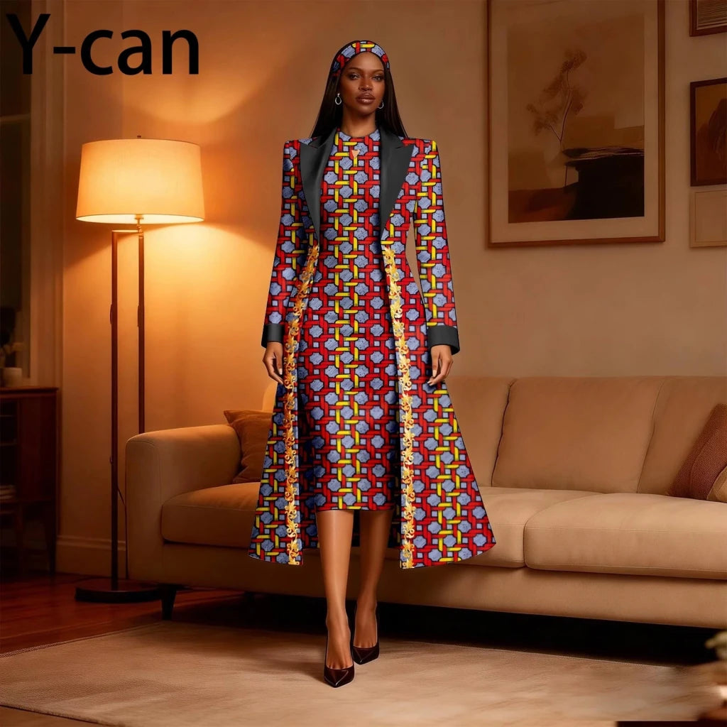 Women 3PCS African Ankara Print Outfit Long Blazer Sleeveless Midi Dress Matching Headwrap Dashiki Formal Party Suit 2626034 - Free Delivery Worldwide only at Flexi Africa